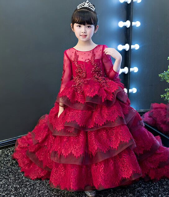 Children Girls Luxury Long Tail Gown Style Birthday Dress Latest Tail Gown Frock