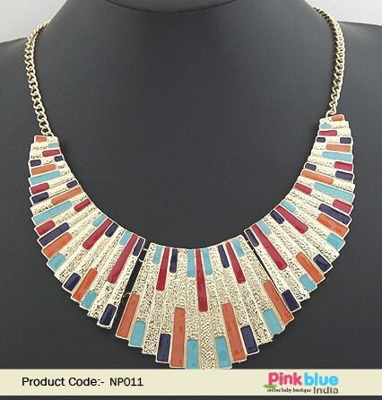 Vintage Costume Jewelry in Golden Pendant with Colorful Stripes