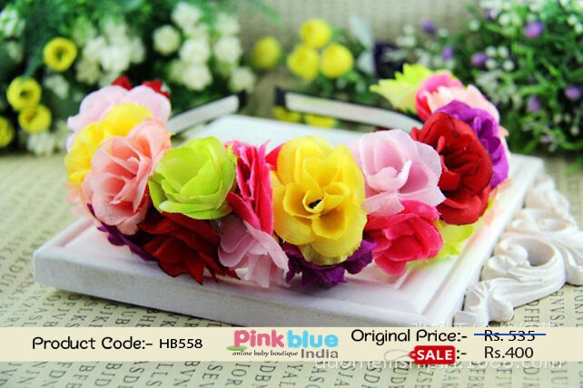 Colorful Floral Infant Headband with Sequence of Roses on White Base