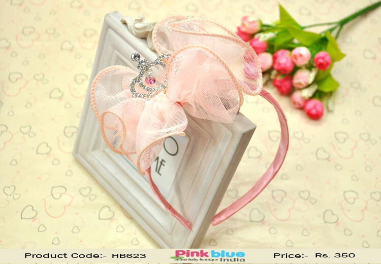 Elegant Infant Headband in Salmon Color With Net Frills and Crown
