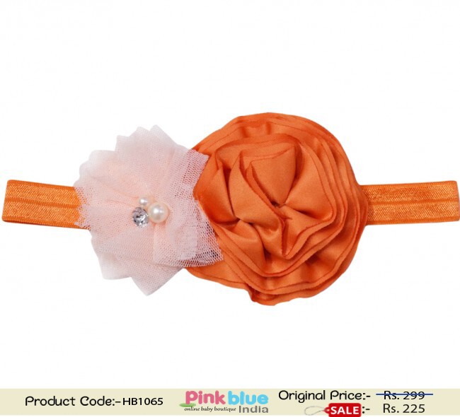 Orange Hair Accessory for Indian Kids with Flower in Off White