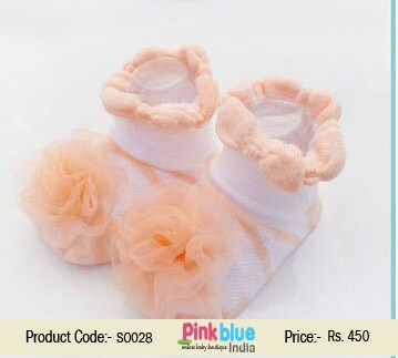 Pretty Peach Non Slip Designer Kids Socks with Net Flowers