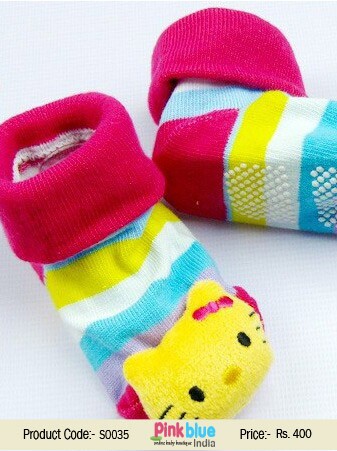 Buy Online Rainbow Colored Stripes Baby Socks With Kitten Face