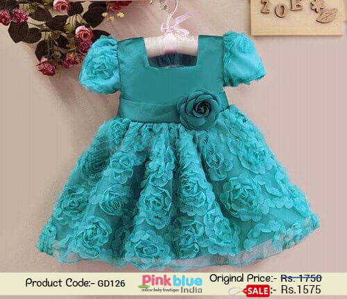 Teal Color Floral Little Princess Dress