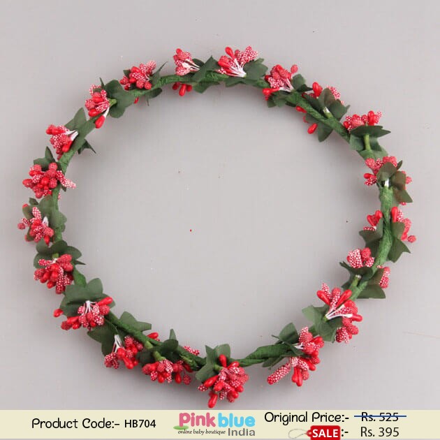 Shop Online Tiara Hair Band with Red Colored Floral Beads Bunches with Green Leaves
