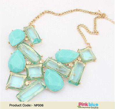 Stylish Aqua Colored Stone Studded Gypsy Bohemian Necklace Set
